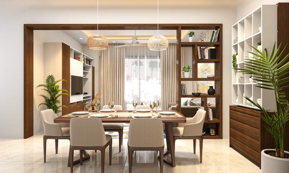 1 bhk flat dining space with a six-seater dining table and a crockery unit