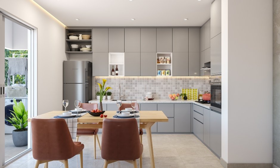 One bhk interior kitchen cum dining space with four-seater wooden dining table to add a subtle Scandinavian look