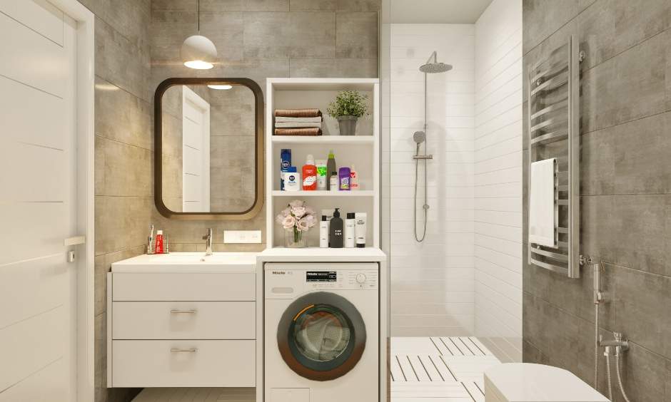1bhk flat interior design with a vanity unit has drawers, open shelves and a space to fit your laundry unit