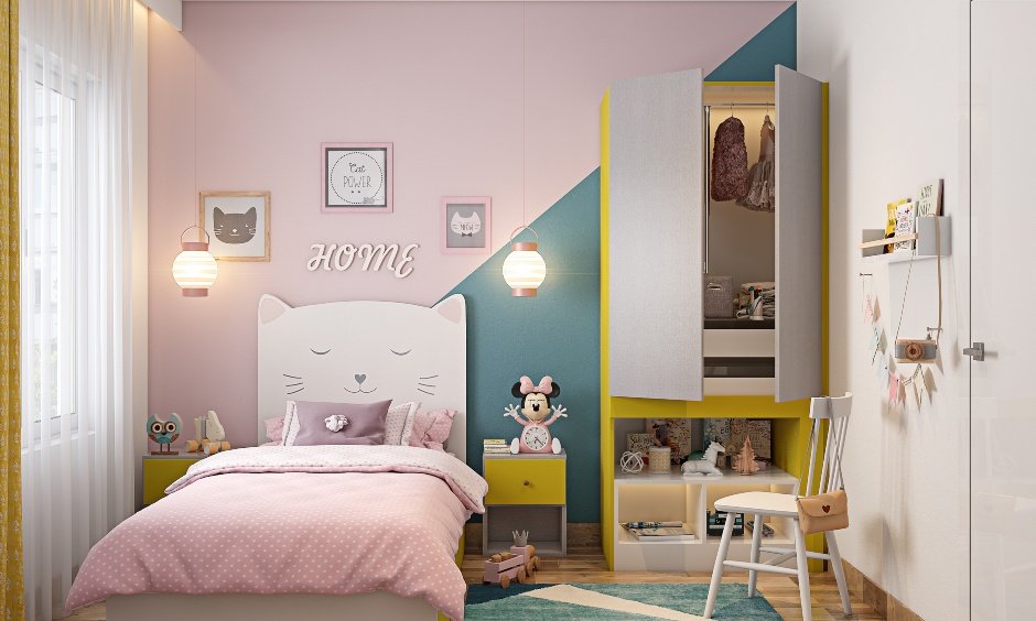 2bhk flat interior decoration in kids bedroom with pendant lights on the either side of the bed and bed built witth storage