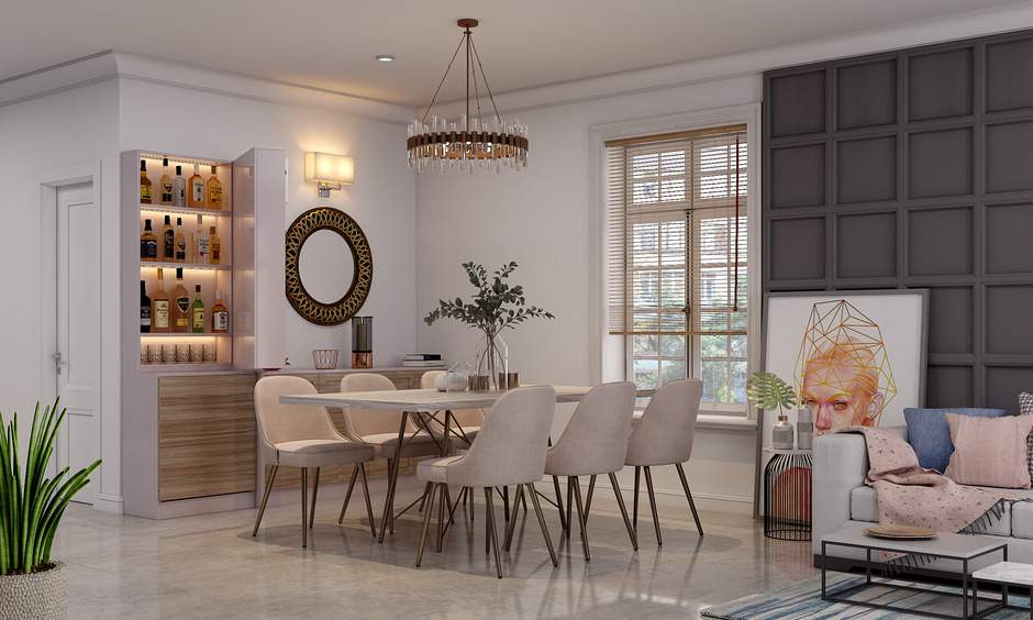 A Dining Room With A Open Hidden Bar Cabinet