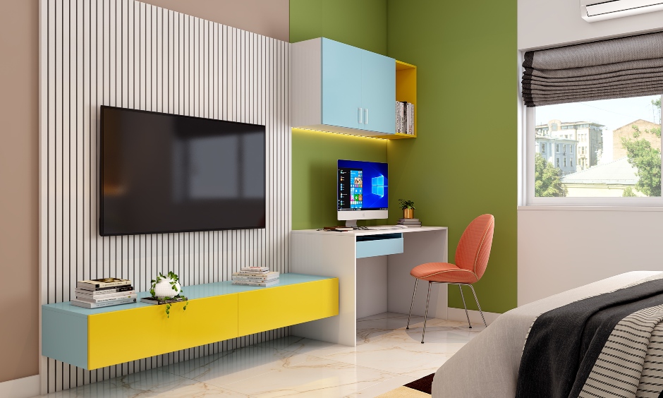 Aesthetic pastel bedroom tv unit with wooden panel background and attached study table