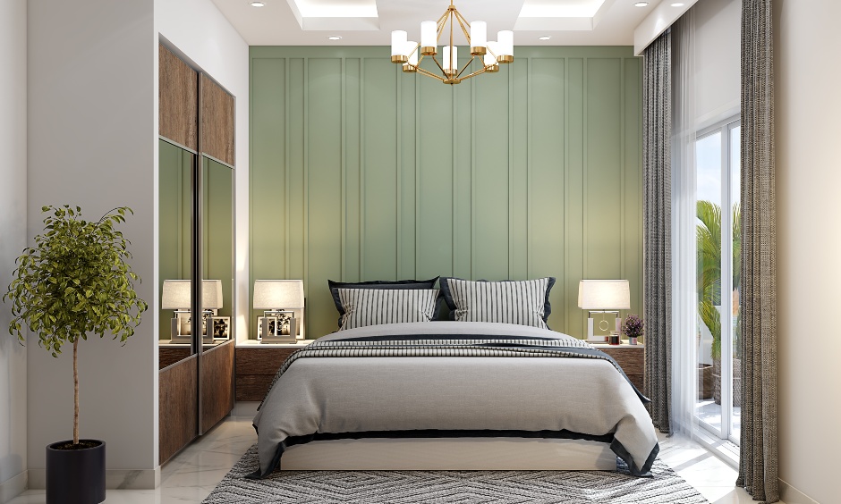 An elegant pastel green wall panel design bedroom design that accentuates the glamorous appeal of this bedroom