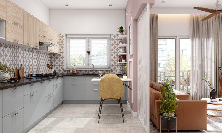 An l-shaped kitchen with a foldable dining table for two people