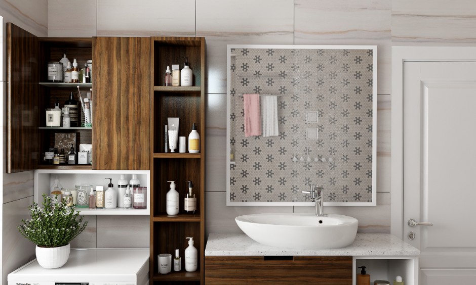 Brown, white, and grey attach bathroom designs featuring tall unit with open shelves.