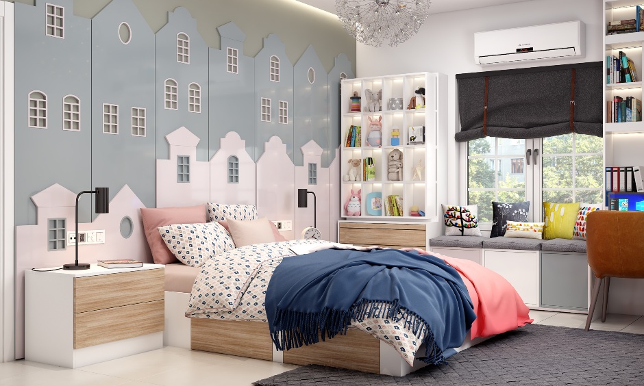 An attached open box bookshelf with window bay seating in kids room