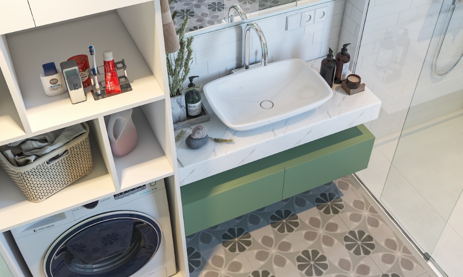 Olive Green bathroom design with floating vanity, twin drawers, and white wash basin.