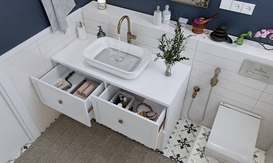 Bathroom vanity design with dual-drawers and open shelf for storage.