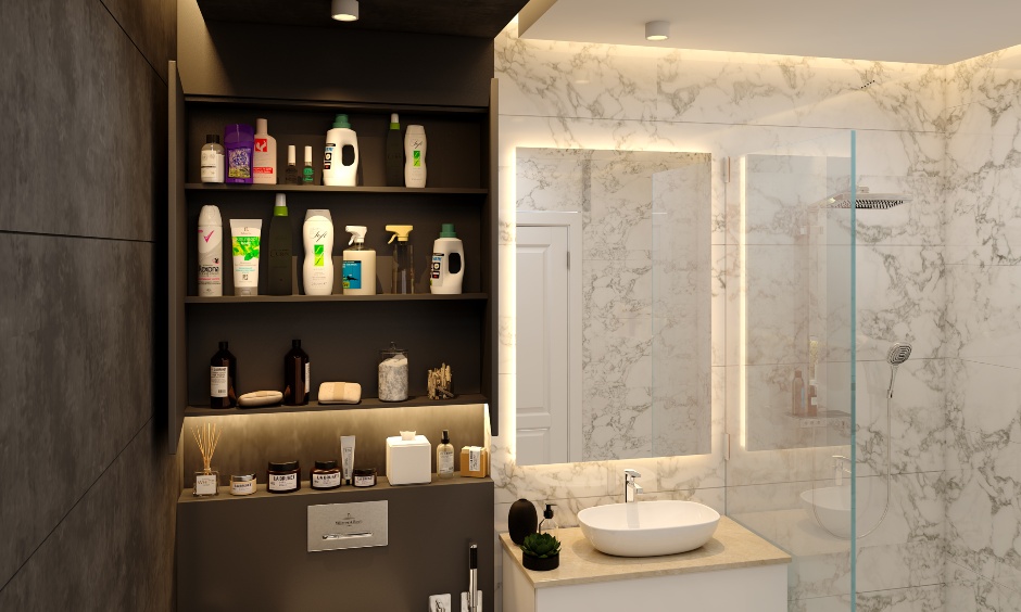 Bathroom design with black storage cabinet above toilet and open vanity shelf.