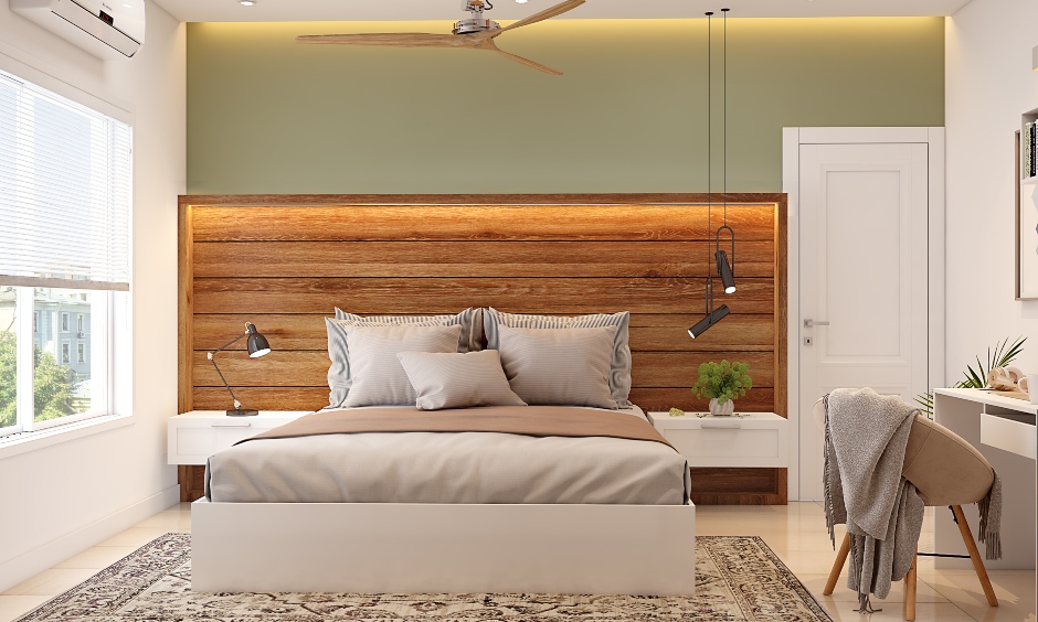 A bedroom bed design with a wooden extended headboard