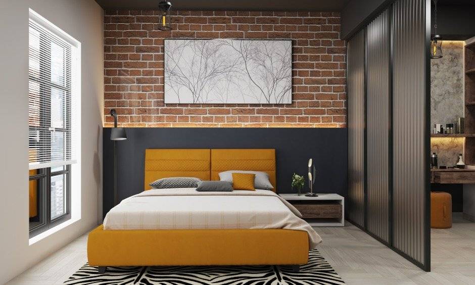Bedroom design in industrial style bedroom with a black, sleek sliding door wardrobe