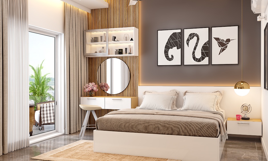 A bedroom design with a dressing unit has been added near the bed in a corner