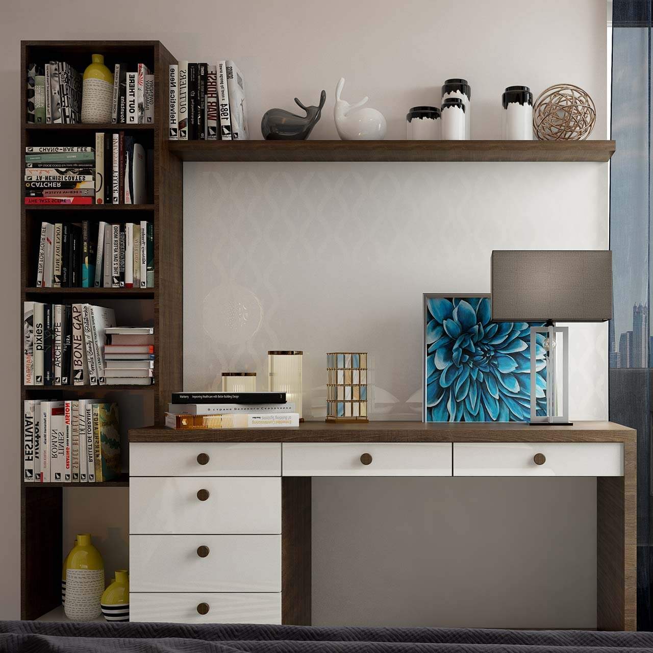 Best bedroom accessory with wall mounted large shelf with vertical square boxes for book storage in bedroom