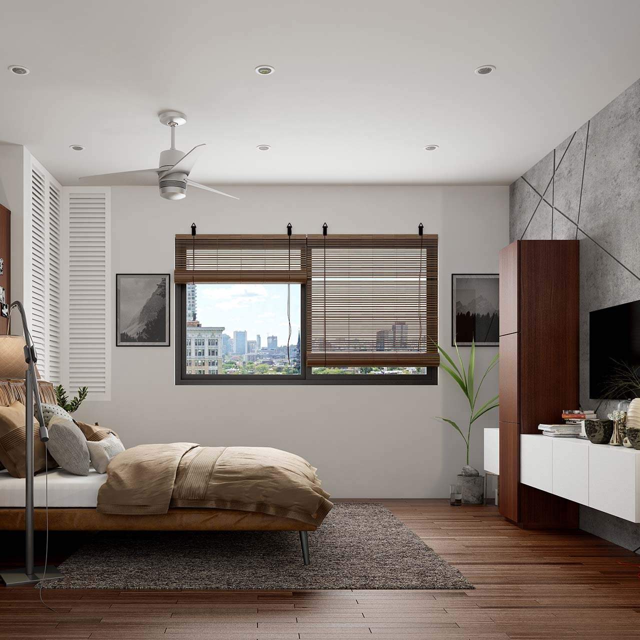 Modern bedroom with a shutters to control the brightness & inflow of natural light