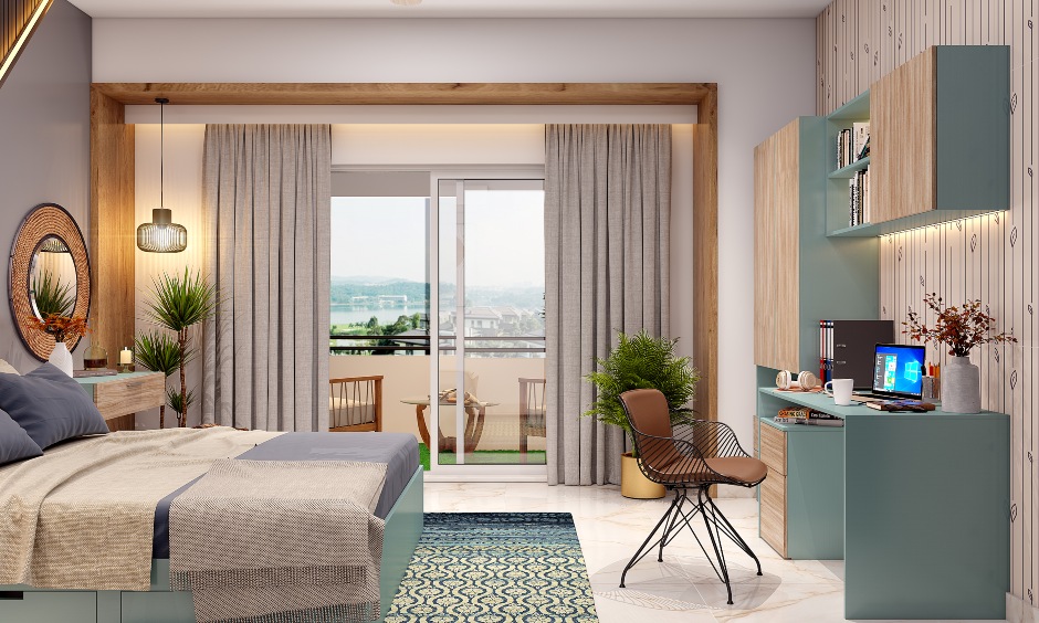 Bedroom study table incorporated with floating shelf