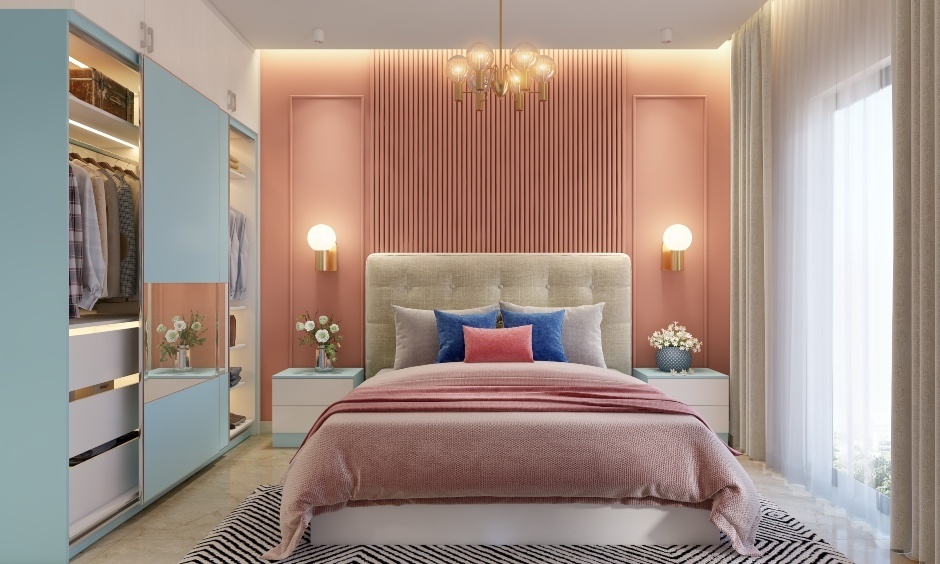 Bedroom wall colour combination in soft peach and blush tones creating a calm and elegant sleeping space