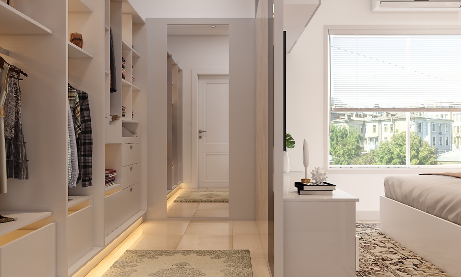 A bedroom wardrobe design in walk-in style with a full-length mirror lends you to dress up comfortably