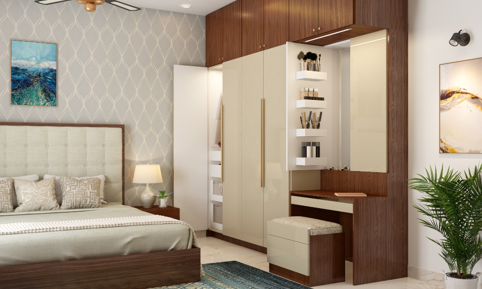 Bedroom wardrobe with attached dressing unit and comes with a light and multiple compartments