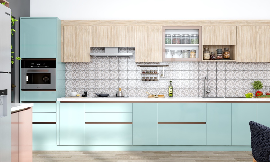 Pastel blue modular kitchen cabinet with tiled backsplash