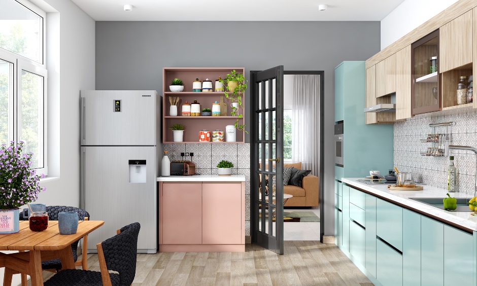 Blue modular kitchen features an additional storage unit in pink laminate finish with open shelves