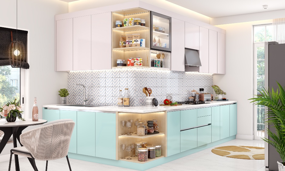 Blue and white open kitchen design in inverted l-shape