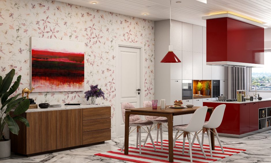 Bold dining room design in red and white space saving furniture