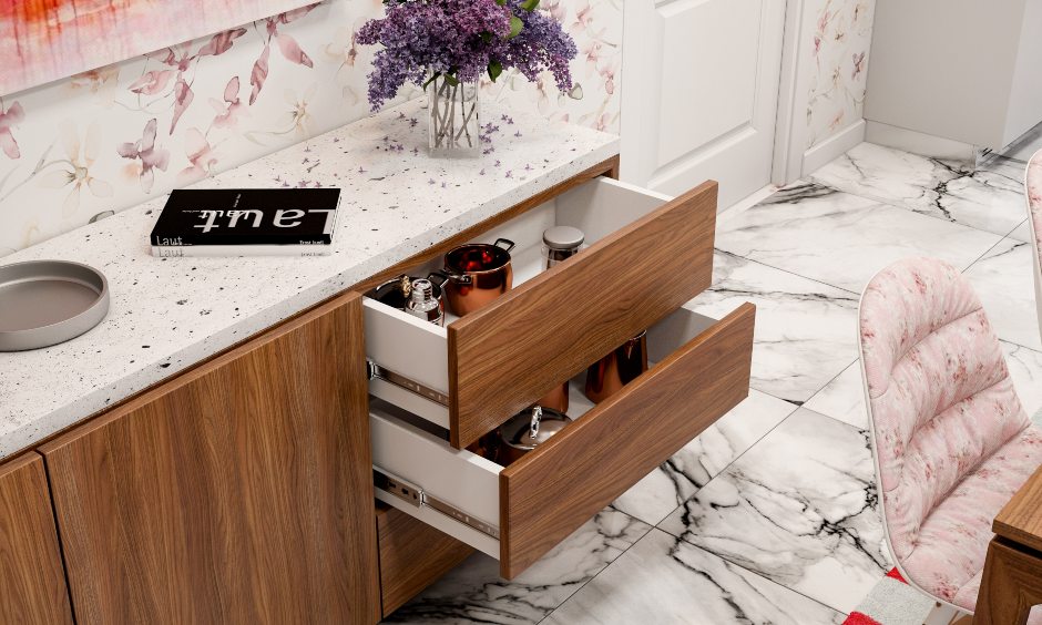 Bold dining room with wooden side cabinet with handless shutter and drawers
