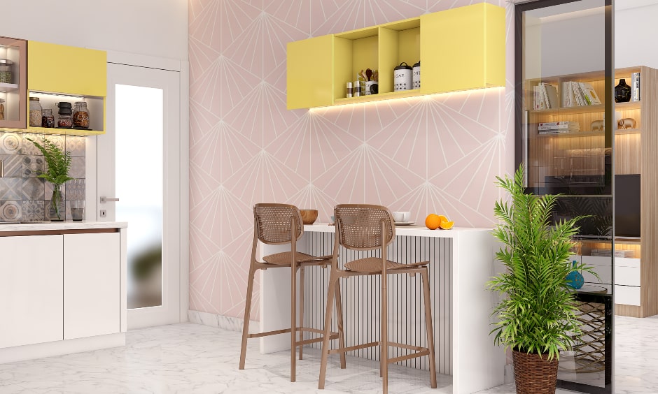 Kitchen design in white and yellow laminate breakfast counter with seating for two