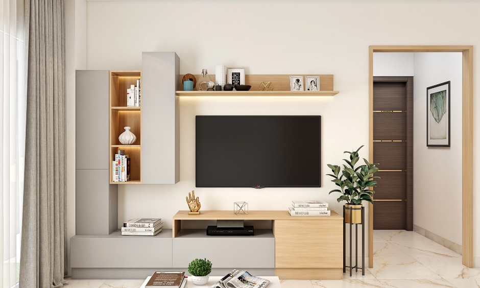Chick living room tv unit in grey and lightwood laminates featuring multiple open and closed shelves