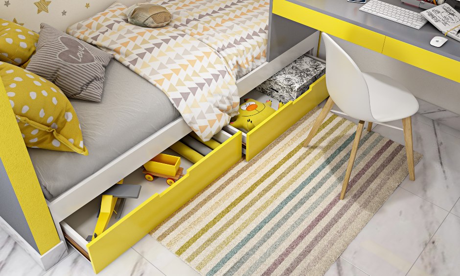 Childrens bedroom bed design with drawers to provide storage for linen and toys