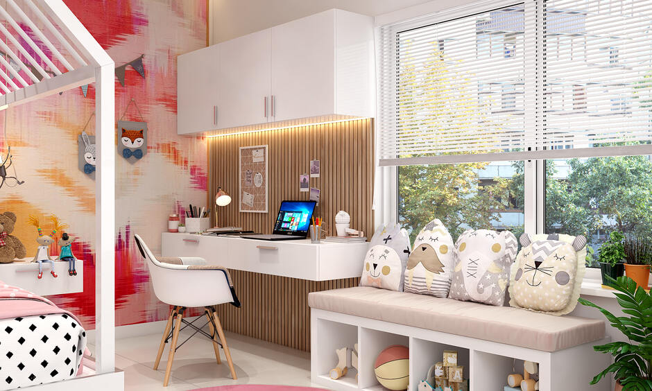 compact kids room in vibrant colours with small work station