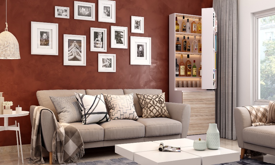 A sleek and stylish compact living room featuring a multi-functional bookshelf with a hidden bar.
