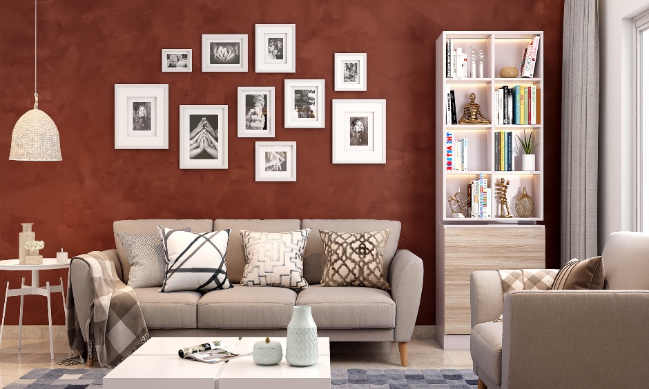 A beautifully designed compact living room featuring a neutral color sofa that blends seamlessly into the space.