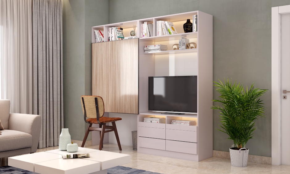 A stylish compact living room featuring a multi-functional study cum TV unit with sliding doors