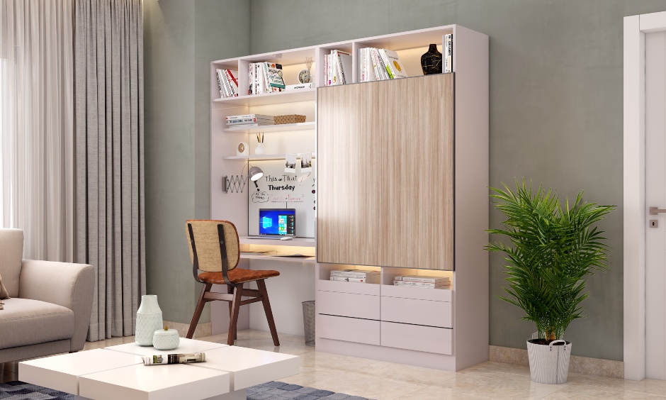 Study cum entertainment unit in contrasting colour living room