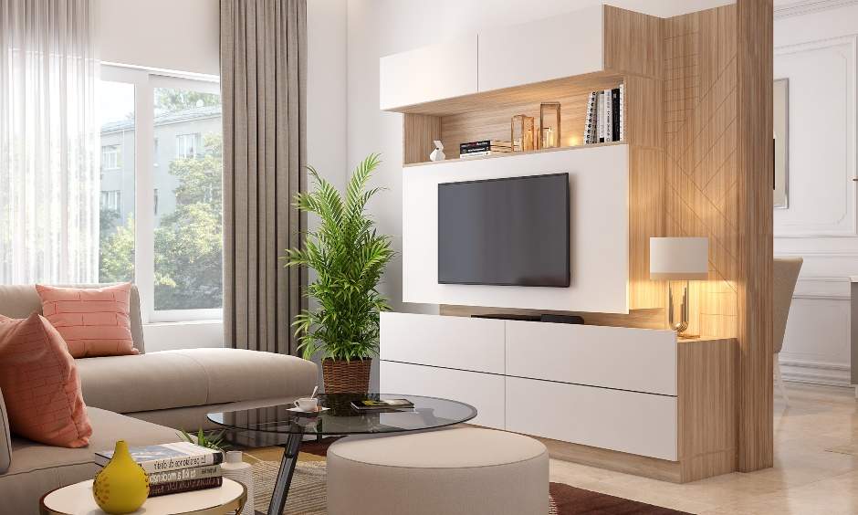 Wood and white laminate finish tv unit in the compact living room