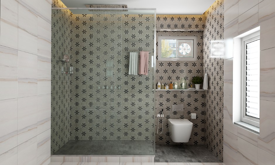 Contemporary bathroom designs with patterned tiled walls and glass partition shower cubicle.