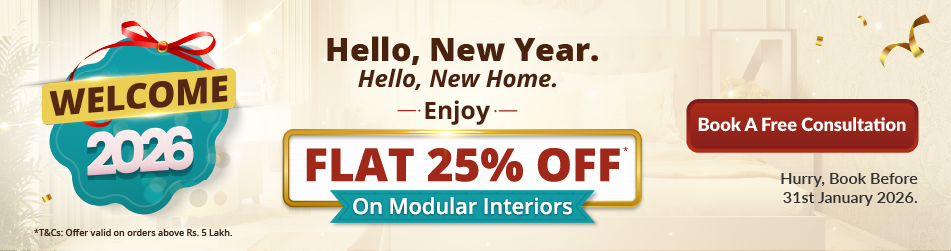 DesignCafe New Year 2026 offer: 25% off on modular interiors.