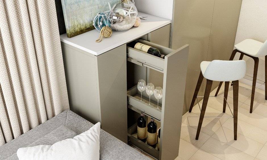 Modern minimal style dining room interior design with mini bar bottle pull out cabinet and crockery units.