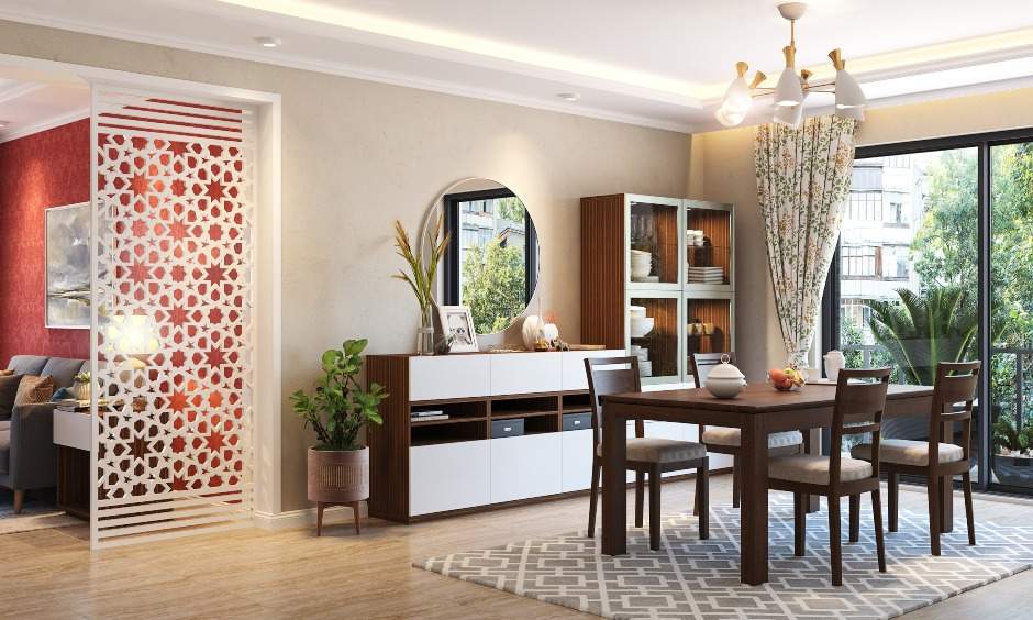 Dining room design with a dark coloured veneer with a grey rug and a large-sized oval mirror which looks classy