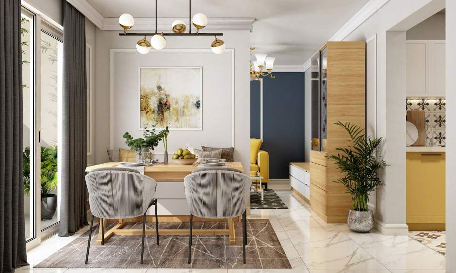 Dining room interior where white walls and marble flooring brings in a uber sleek look with statement chandelier above the table lamps