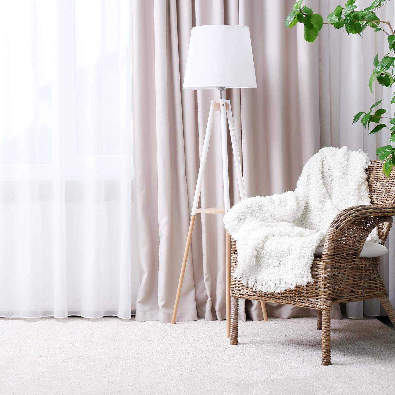 Living room interior which has beautiful patterned drapes