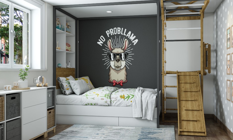 Dual toned kids bedroom design in grey and white