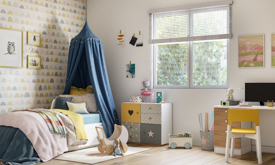 Fairytale kids bedroom with a magical canopy bed and plenty of floor space