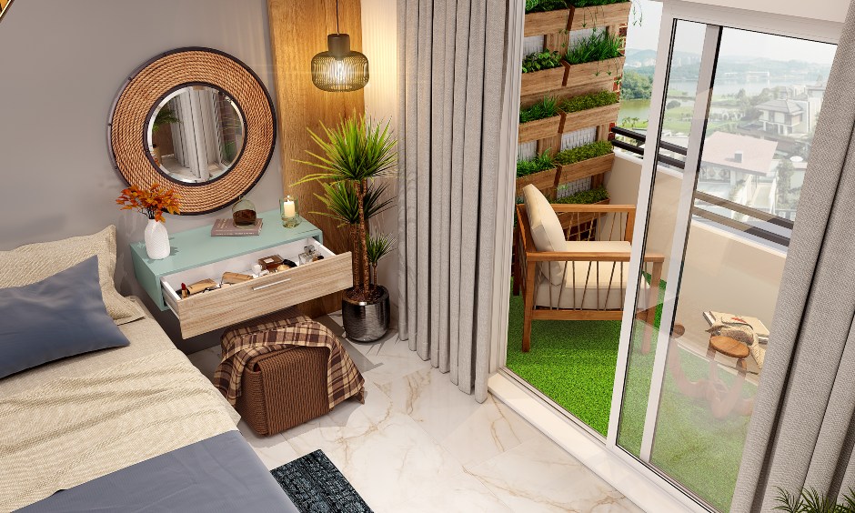 A floating bedroom dresser comprises a circular wall-hung mirror and ceiling-hung pendant lighting