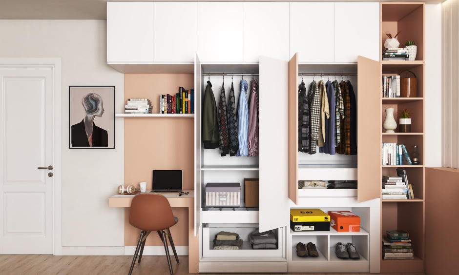 Floor to ceiling wardrobe with multiple drawers and open shelves for storage