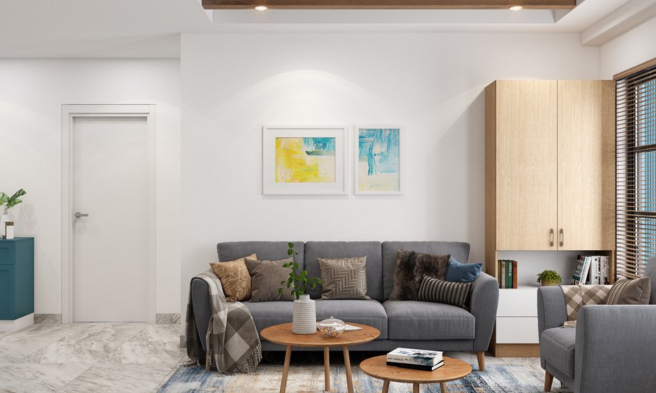 Living room designs indian style with grey colour sofa and center table