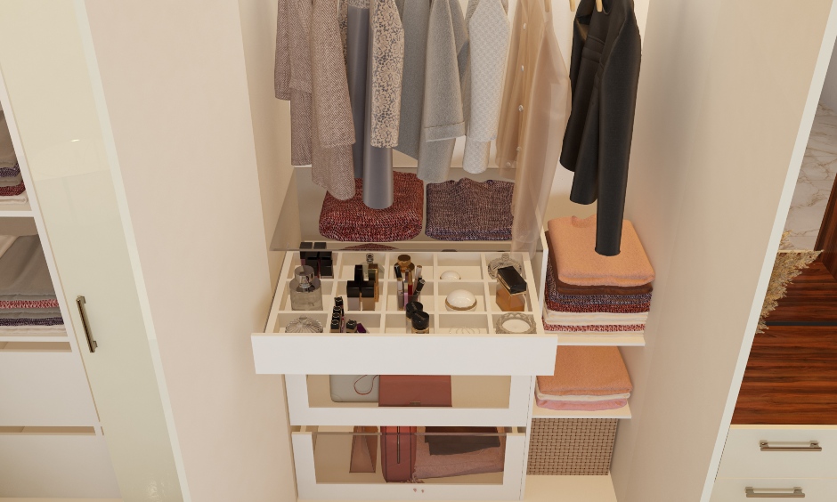 Frosty white wardrobe has various types of storage compartments, including an accessory tray