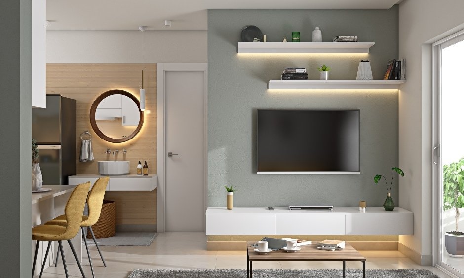 Modern living room showcasing full-service interior design and e-design with a wall-mounted TV unit