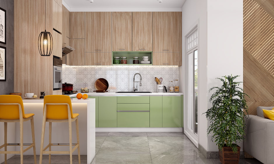 A compact g-shaped kitchen in dual tone palette